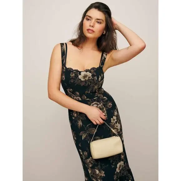 Reformation Irisa Black Floral Midi Dress Size 8 Ruffle Hem Lace Trim Grand Dame - Picture 8 of 16